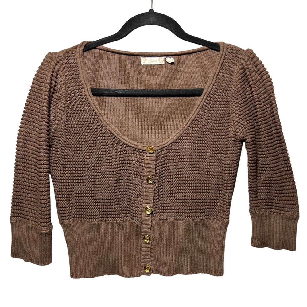 Y2K Guess Brown Cotton Knit Cropped Cardigan Gold‎ Button Scoop Neck L